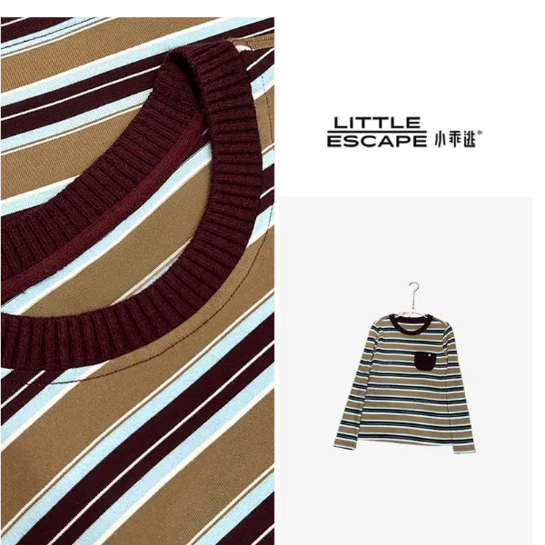 小乖逃休闲时尚绿色条纹T恤打底咖色领口袋扣红色口袋扣款式M9117