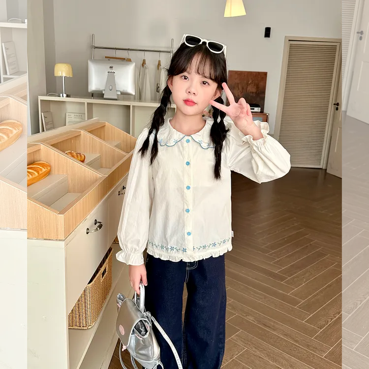 现货【梨芝】5991纯棉娃娃领2025新款少女森系翻领圆领甜美翻领衬衫