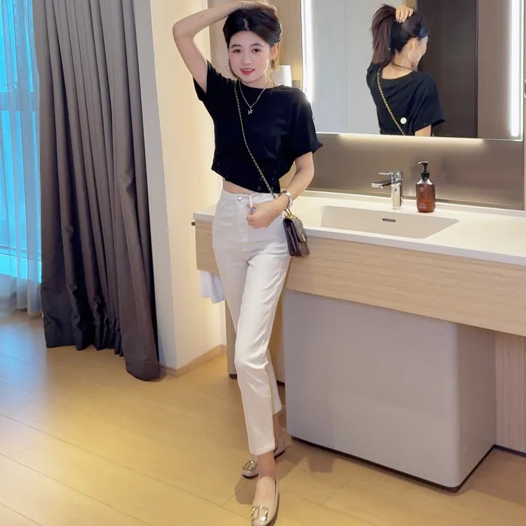 八分牛仔裤烟管裤女套装春秋新款简约休闲风阔腿直筒裤高腰裤子