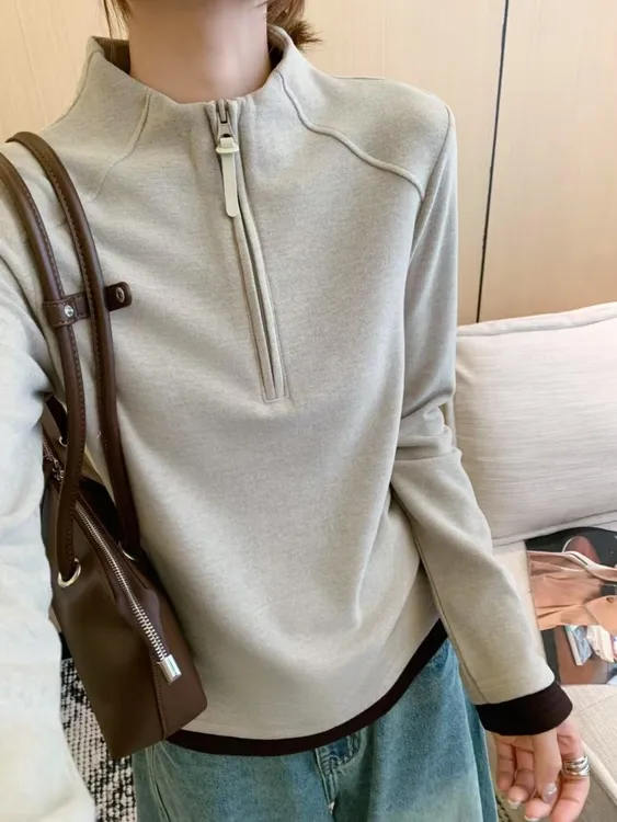 拼接撞色半拉链德绒打底衫2025秋冬款双面绒保暖上衣女百搭显瘦款