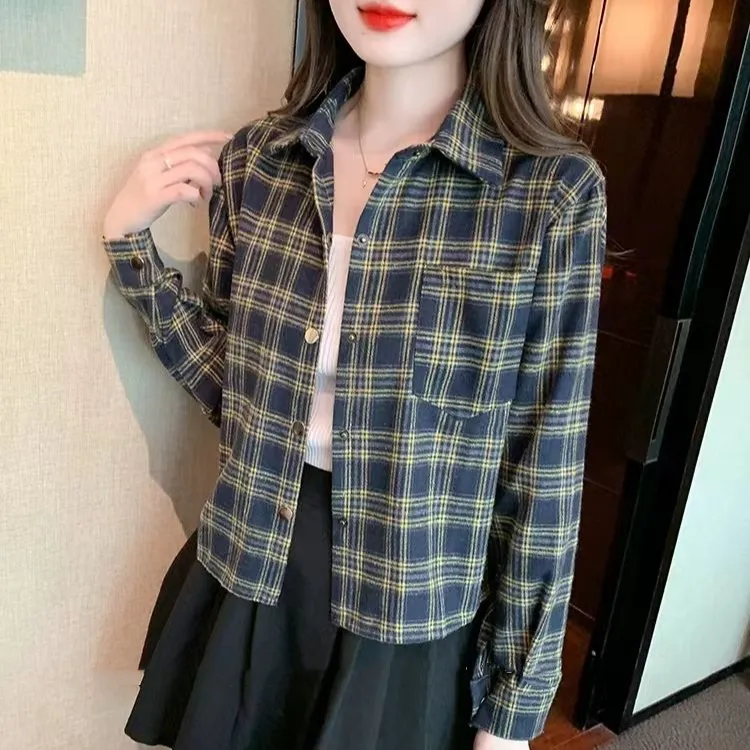 磨毛格子小个子衬衫女款春秋POLO领长袖秋装女款网红洋气炸街女装