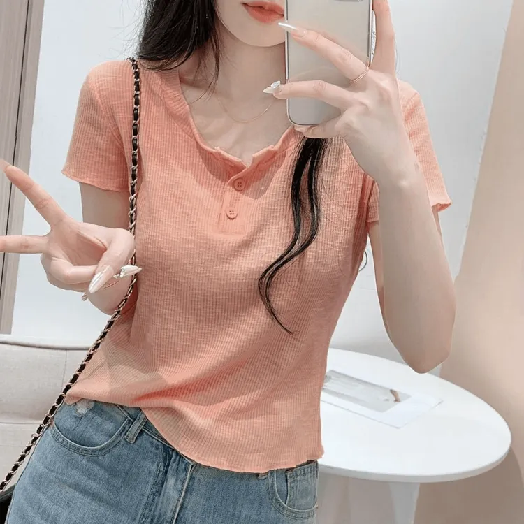蓝语韩系洋气衣服木耳边设计感短袖t恤夏季休闲衣服女慵懒风上衣