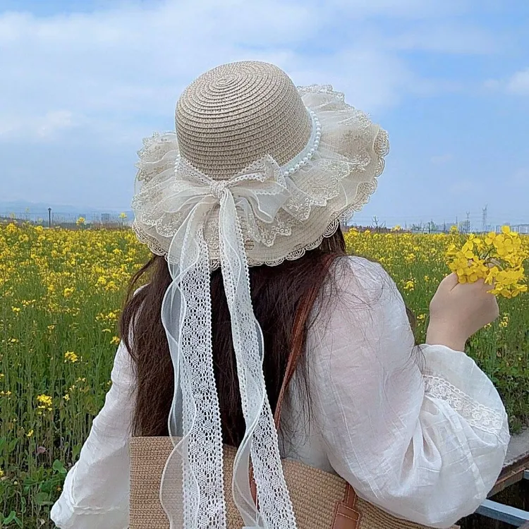 2016爆款新款田园甜美洛丽塔风格蕾丝蝴蝶结草帽女夏季海边遮阳