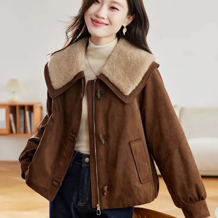 冬季新款大翻领加绒加厚韩版百搭外套时尚加毛外套