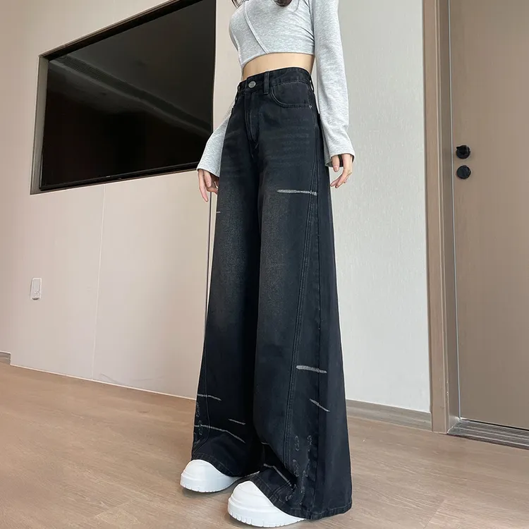 高街阔腿牛仔裤女2025年新款春秋季磨毛设计感显瘦显高直筒拖地裤