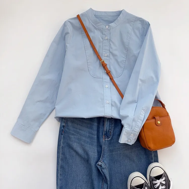 立体裁剪纯棉衬衫 宽松休闲百搭B入!天然高支棉婴儿蓝立领衬衣女