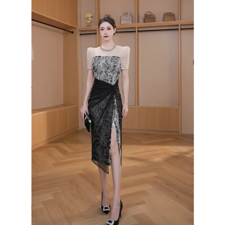 【琼仪定制】新款时尚气质法式名媛蕾丝碎花优雅修身连衣裙51280