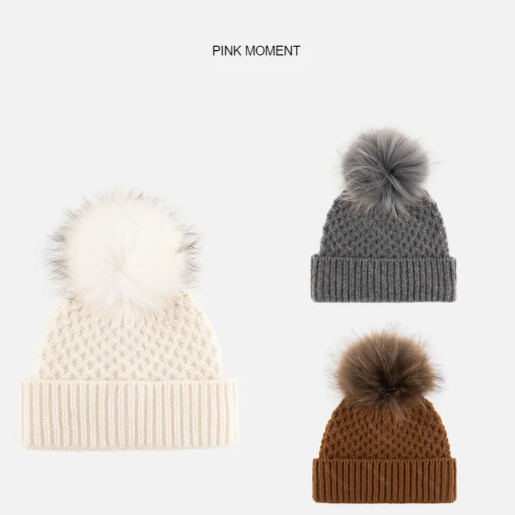 PM王囡囡 黑/米白/灰/咖色羊毛毛球针织帽（毛球可拆卸） ND1D2002