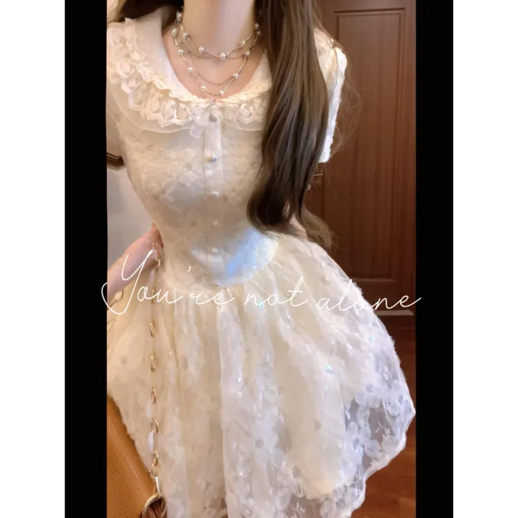 2025夏季新款法式公主千金风重工珠片刺绣蕾丝拼接短袖连衣短裙女