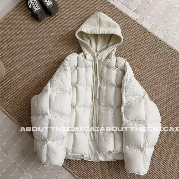 2025冬季新款时尚气质云朵泡芙连帽长袖假两件棉服外套女