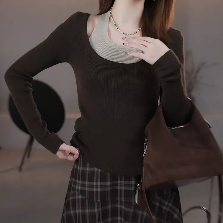 2025年早秋新款假两件撞色针织上衣+显瘦格纹半身裙套装LK2505963