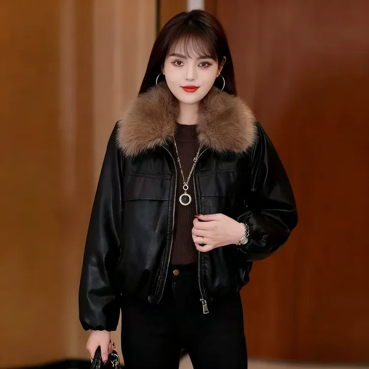 皮衣短款时尚百搭女士加绒加厚毛领小个子休闲冬季夹克棉衣2282