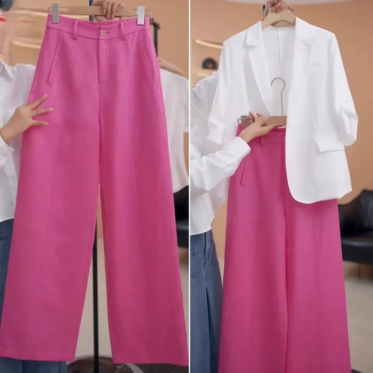 爆款玫红色亚麻阔腿裤女2025夏季薄款高腰宽松显瘦垂感休闲直筒裤