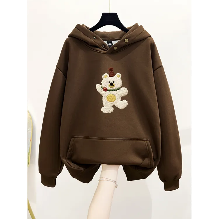 美式复古纽扣连帽卫衣宽松慵懒风秋冬加绒加厚设计感印花情侣外套