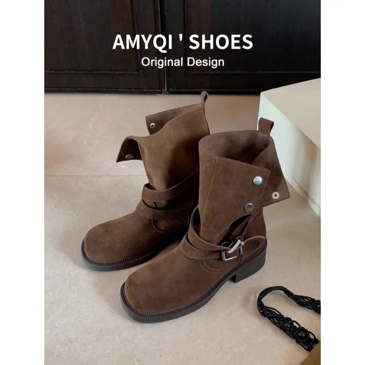 自留款！复古粗跟翻折两穿美拉德短靴女2025年新款显瘦厚底中筒靴