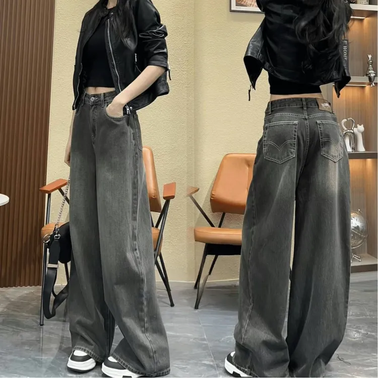 秋冬新款大码直筒高腰宽松显瘦直筒牛仔裤百搭复古休闲慵懒风裤子