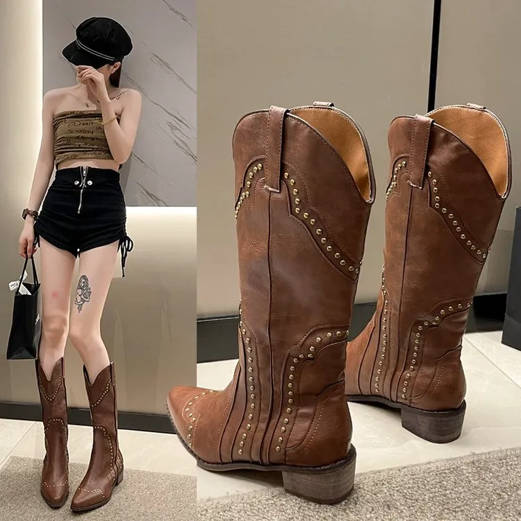 复古美拉德靴子女2025秋冬新款时尚棕色西部牛仔靴粗跟高筒骑士靴