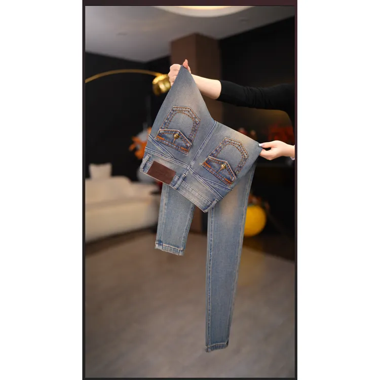 高腰加绒加厚小脚裤复古蓝弹力九分牛仔裤女秋冬修身显瘦百搭做旧