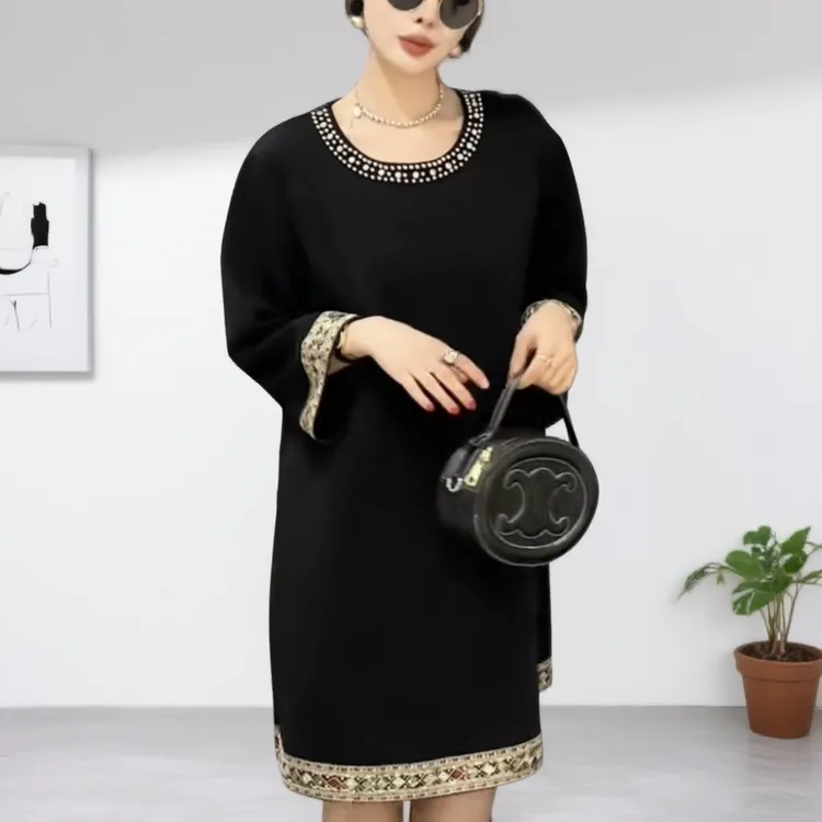 重工钉钻领国风刺绣花边七分袖卫衣裙宽松显瘦百搭连衣裙大码女装
