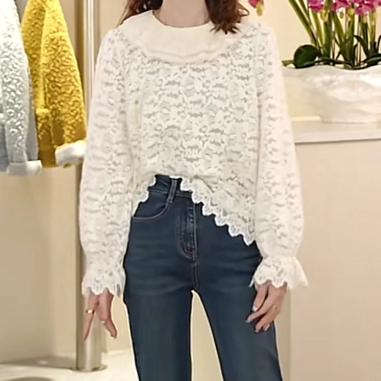 设计感蕾丝娃娃领微透长袖T恤女2025早春款韩系百搭时尚外穿上衣