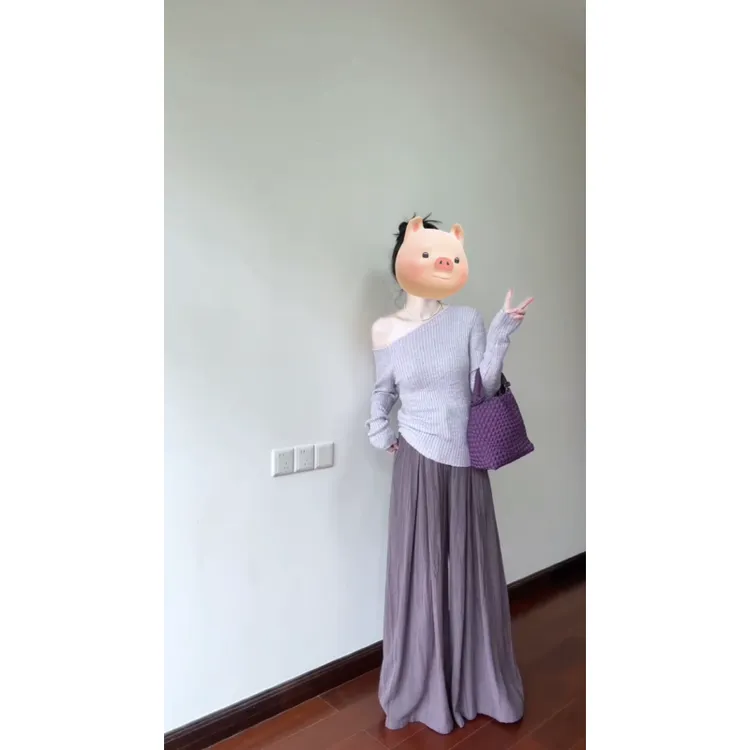 MARIE.COCO长袖斜肩针织衫女感阔腿裤女春季通勤显瘦休闲裤套装