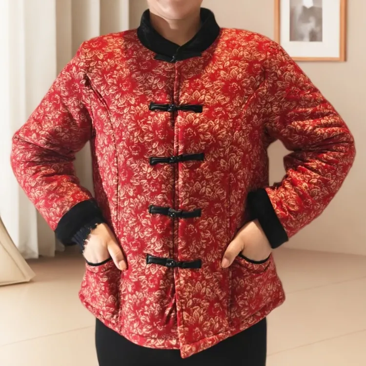 雅鹿内衣中式盘扣碎花中老年保暖层百羊毛棉服网红国风立领妈妈