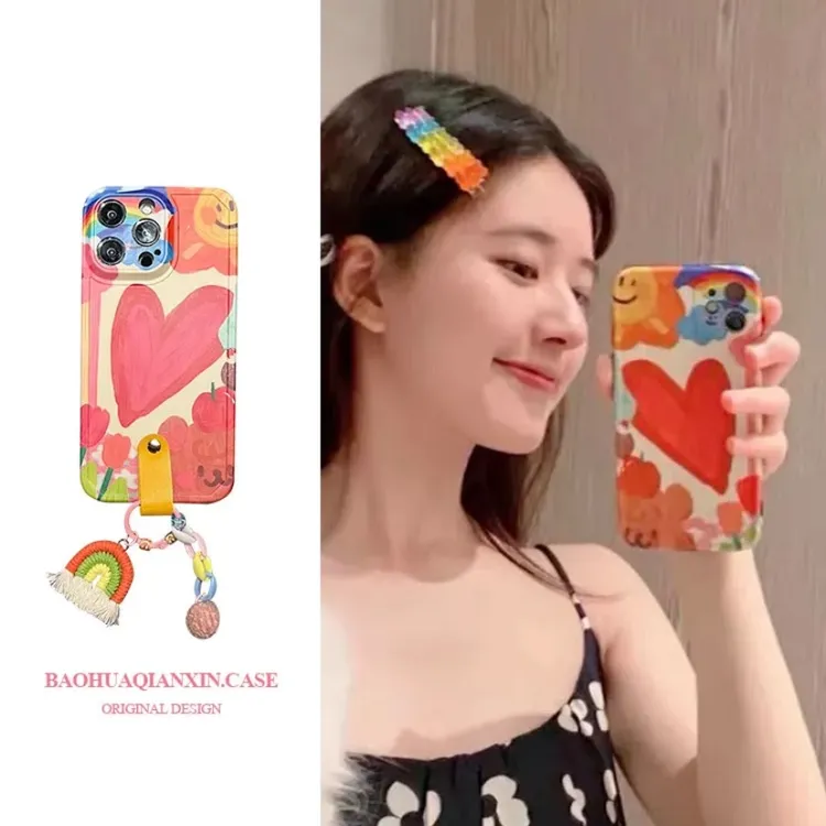 涂鸦彩虹大爱心太阳适用苹果16promax手机壳iPhone15pro斜挎14pro