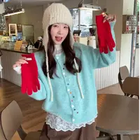 温柔风小众长袖毛衣开衫女秋季韩系宽松蓝绿色上衣外搭针织衫外套