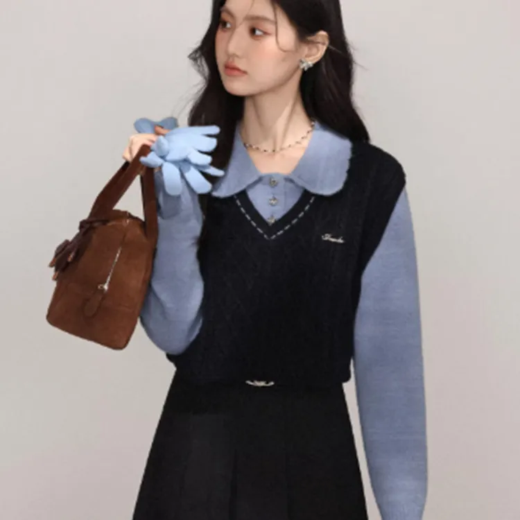 秋冬新款黑色娃娃领套头外穿好看毛衣女假两件拼接针织上衣A133