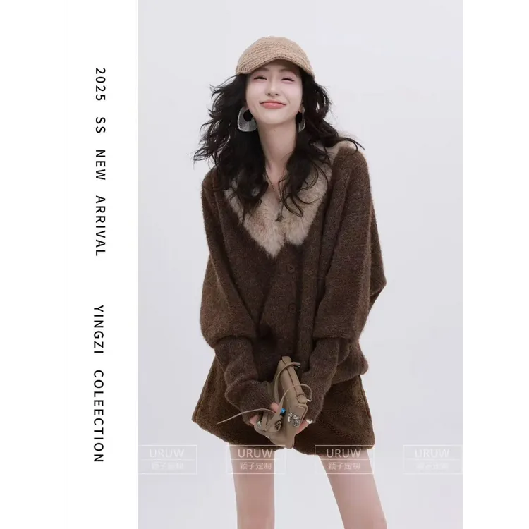颖子定制心动序章慵懒风毛毛领针织开衫上衣女秋冬时髦毛衣潮