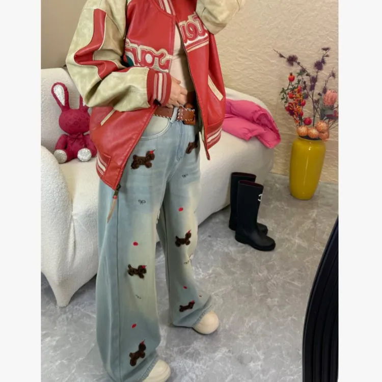 冬季加绒保暖新款爆款重工刺绣独角兽牛仔阔腿裤显瘦百搭T