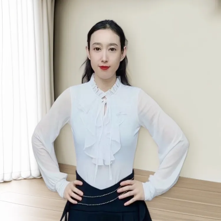 欢舞阁吉特巴摩登舞气质女士镂空交际舞广场舞绑带长袖舞衣A0605