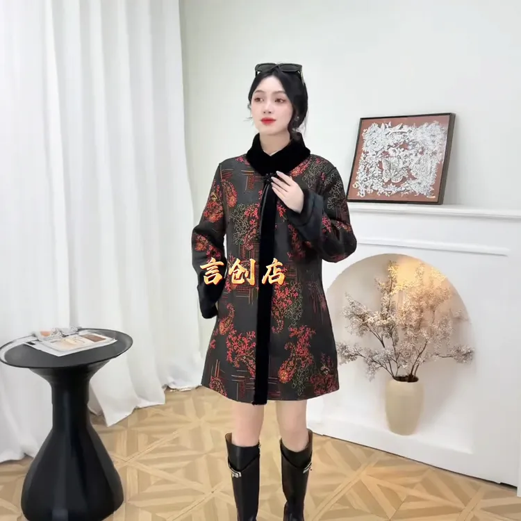 90145中老年冬加厚保暖妈妈皮毛一体外套中长款水貂绒双面穿外套