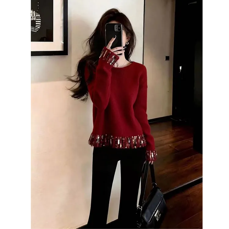 Z666新年红色针织衫打底衫秋冬独特设计上衣女冬季新款可外穿毛衣