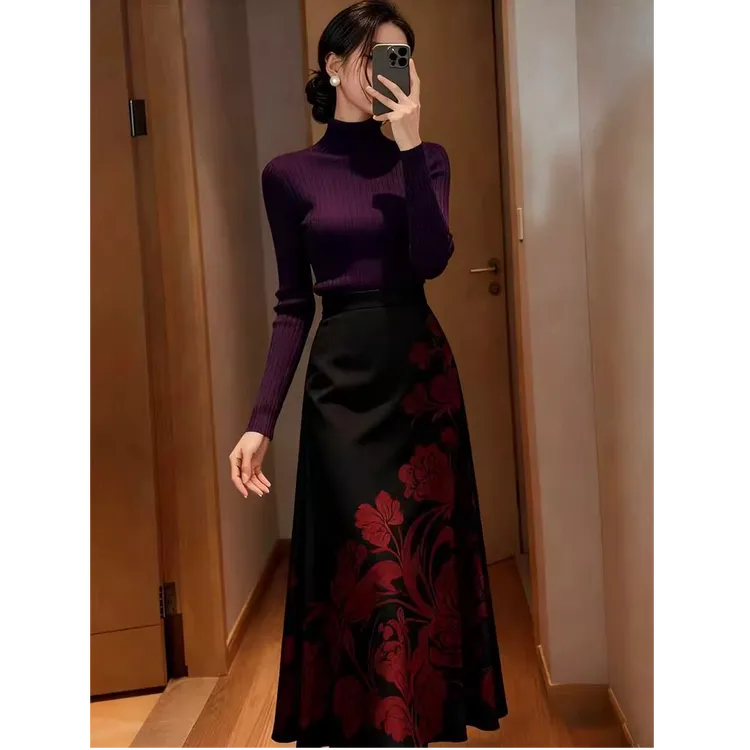 秋冬季新款女装复古轻熟风时尚气质的紫色针织毛衣印花半身裙套装