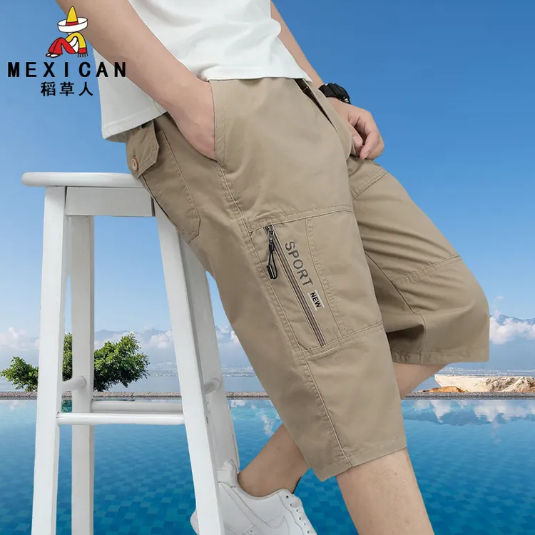 Mexican/稻草人夏季男士七分裤纯棉短裤大码中老年男款中裤多口袋