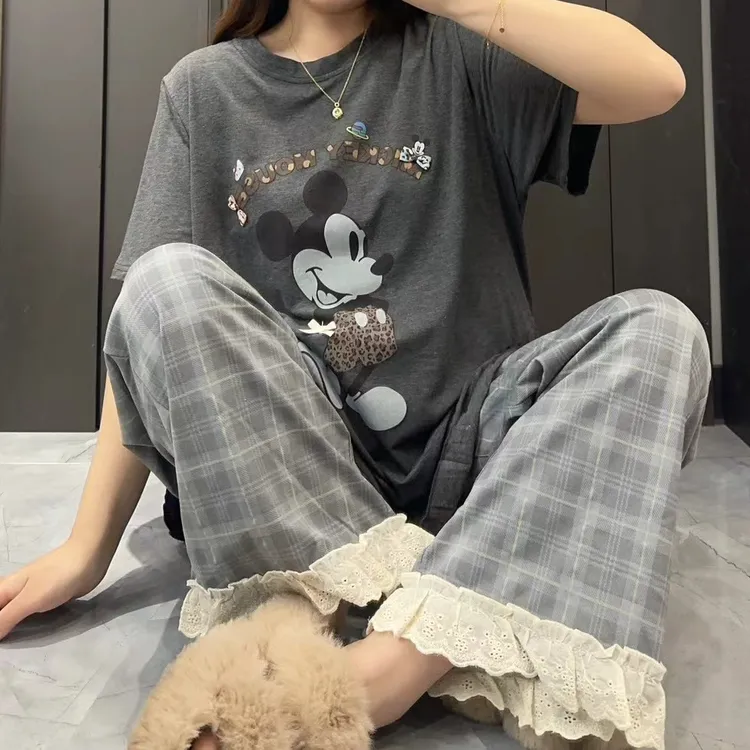 毛毛大码米奇格子花边睡衣套装