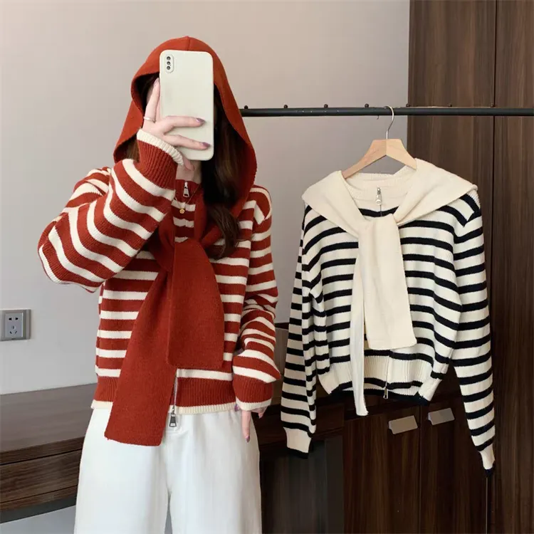披肩两件套条纹针织开衫外套女秋季新款穿搭短款减龄显瘦百搭上衣