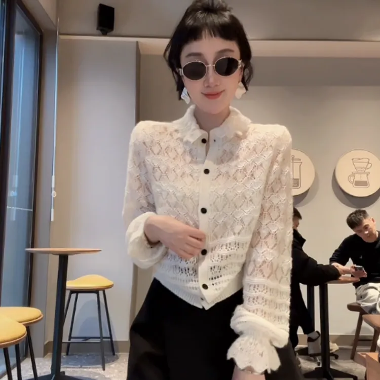 XIAOBAI荷叶边镂空毛衣毛粗针开衫气质ins长袖冬季百搭