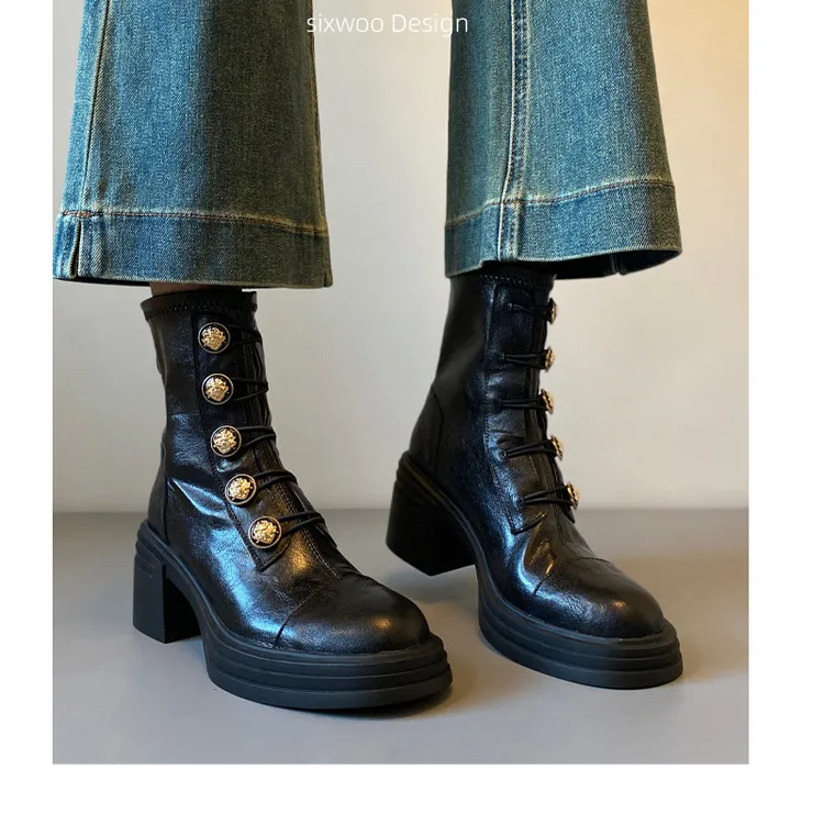 真皮静音跟短靴女2025新款秋冬厚底爆款马丁靴春秋粗跟瘦瘦靴子