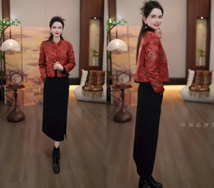 新品上新2025秋冬玛瑙红新中式纯色气质复古外套+黑色半裙两件套