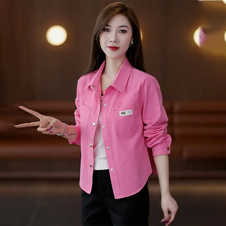 拉夏贝尔时尚休闲短款衬衫外套女2025春秋新款百搭衬衣夹克上衣