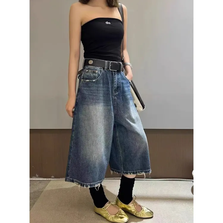韩版原创时尚气质复古七分牛仔裤女夏季新款磨破高腰显瘦直筒中裤