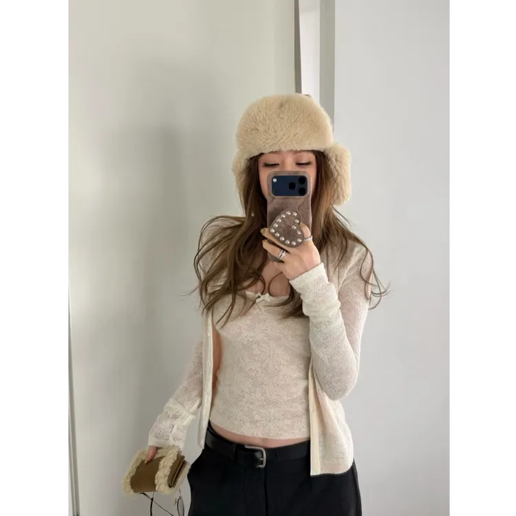 甜美两件套 蕾丝拼蝴蝶结吊带+蕾丝长袖开衫L2446+L2447