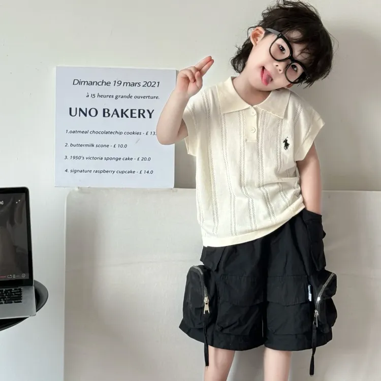 夏季童装T恤polo衫冰丝短袖镂空刺绣男女童老钱风洋气透气百搭