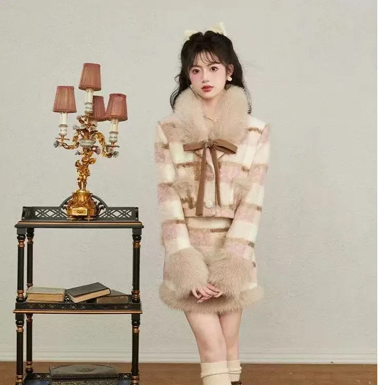 【现货特价6折】千金风粉色冬季格纹拼毛呢子两件套装女秋冬甜美