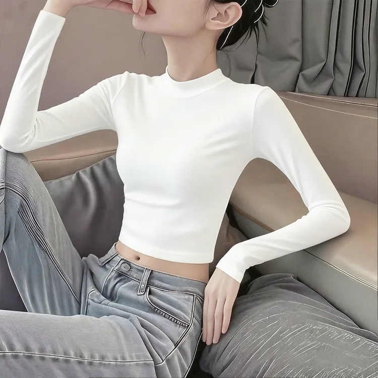 白色长袖上衣女短款内搭春秋装爆款2025新款半高领辣妹打底衫t恤
