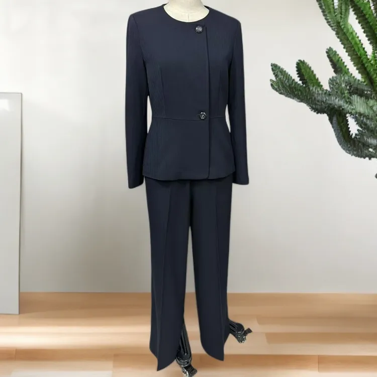 0080藏青色常规款口袋长袖新中式七分袖轻职风套装女装直播