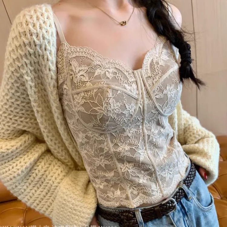 绝美蕾丝纯欲风吊带女磨毛保暖带胸垫可外穿背心修身显瘦内搭上衣