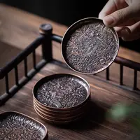 C448中式复古风清明上河图杯垫杯托盘锤纹茶托金属壶承
